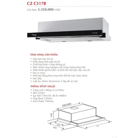 Máy Hút Mùi Canzy CZ H1470AT Âm Tủ 700mm - Khử Mùi Than Hoạt Tính Mới, Đèn Halogen Siêu Sáng, Công Suất 750m³/h