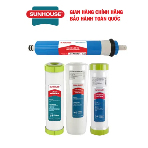 Combo 4 Lõi Lọc Nước Sunhouse Chính Hãng - Dành Cho Máy Lọc RO Kangaroo, Karofi, Mutosi, 1 Micron, 5 Micron, Màng RO