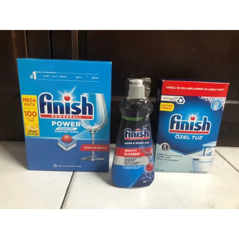 Bộ sản phẩm Finish - Hộp 100 viên rửa bát, muối 1,2Kg và nước làm bóng 400ML - Hàng chính hãng cho máy rửa chén