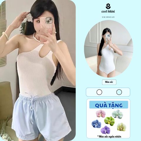 Set Bikini Liền Mảnh Vai Kẹp - Bikini Cool Trắng Kèm Quần Short Xanh Pastel Gợi Cảm, Thời Trang Dành Cho Mùa Hè