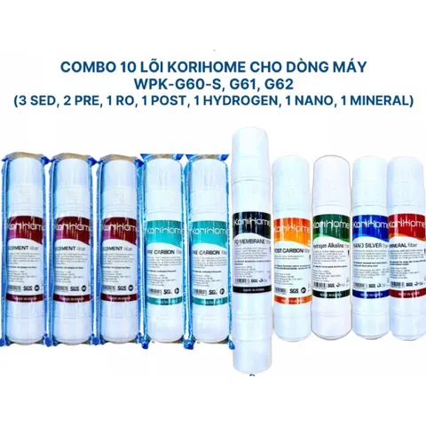 Bộ 10 Lõi Lọc Nước KORIHOME Chính Hãng - Bao Gồm 3 Sediment, 2 Pre Carbon, 1 RO, 1 Post, 1 Mineral, 1 Hydrogen, 1 Nano Silver