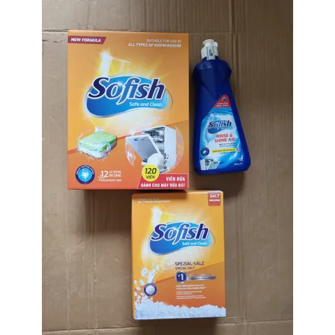 Viên Rửa Chén Bát SOFISH 120 Viên - Muối Rửa Bát 1,6Kg & Nước Làm Bóng 500ML - Chuyên Dụng Cho Máy Rửa Chén Hàng Chính Hãng