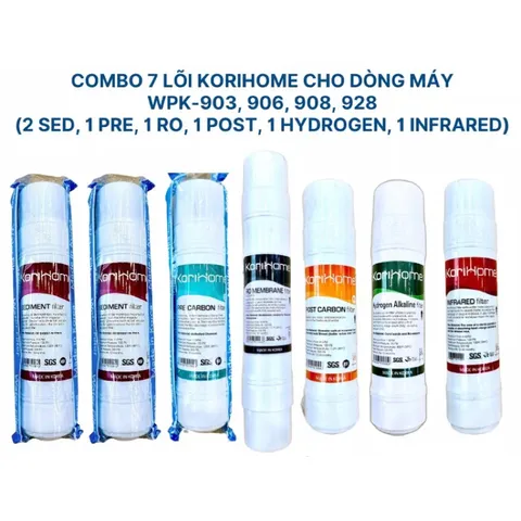 Bộ 7 Lõi Lọc Nước KORIHOME Chính Hãng - Đổi Thay Cho Máy Lọc Nước, Bao Gồm Sediment, Pre Carbon, RO, Post Carbon, Hydrogen, Infrared