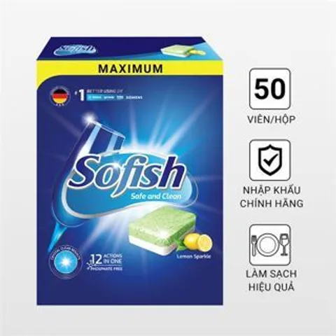 Viên Rửa Chén SOFISH - Hộp 50 Viên, Sạch Bóng, Không Mùi - Dùng cho Máy Rửa Bát Bosch, Fagor, Hafele, Malloca, Kaff và Nhiều Hãng Khác