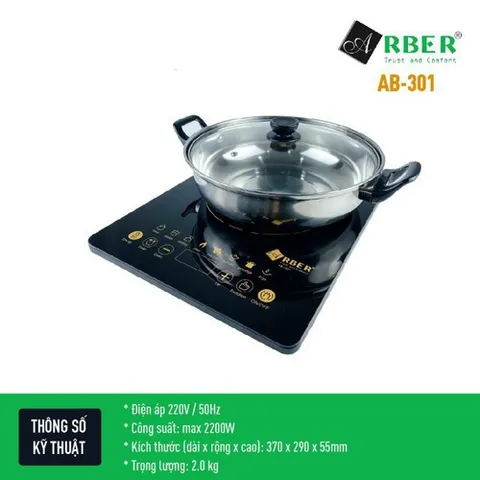 Bếp Điện Từ Đơn Arber AB301A - Mặt Kính Ceramic, Công Suất 2000W, Tặng Kèm Chảo Lẩu, Bảo Hành 12 Tháng Chính Hãng