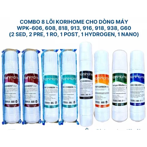 Bộ 8 Lõi Lọc Nước KORIHOME Chính Hãng - Gồm Sediment, Pre Carbon, RO, Post Carbon, Hydrogen Alkaline, Nano Silver - Thay Thế Dễ Dàng