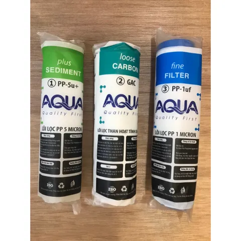 Bộ 3 Lõi Lọc Nước AQUA 123 Chính Hãng - Lọc Thô Tạp Chất, Bùn Đất, Rong Rêu, Gỉ Sét, 1 Micron và 5 Micron