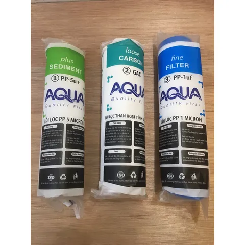 Bộ 3 Lõi Lọc Nước AQUA 123 Chính Hãng - Lọc Thô Tạp Chất, Bùn Đất, Rong Rêu, Gỉ Sét, 1 Micron và 5 Micron