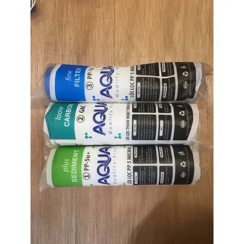 Bộ 3 Lõi Lọc Nước AQUA 123 Chính Hãng - Lọc Thô Tạp Chất, Bùn Đất, Rong Rêu, Gỉ Sét, 1 Micron và 5 Micron