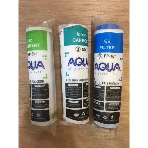 Bộ 3 Lõi Lọc Nước AQUA 123 Chính Hãng - Lọc Thô Tạp Chất, Bùn Đất, Rong Rêu, Gỉ Sét, 1 Micron và 5 Micron
