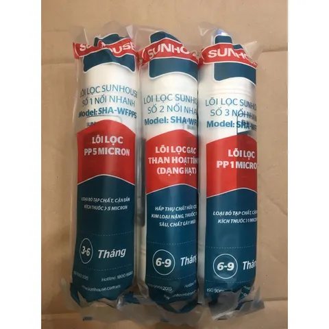 Bộ 3 Lõi Lọc Nước Sunhouse 123 Đúc Liền - Thay Thế SHA76214CK-S, SHA76215CK, Lõi PP 5 Micron, Than Hoạt Tính, Hiệu Quả Cao