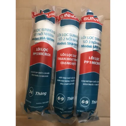 Bộ 3 Lõi Lọc Nước Sunhouse 123 Đúc Liền - Thay Thế SHA76214CK-S, SHA76215CK, Lõi PP 5 Micron, Than Hoạt Tính, Hiệu Quả Cao