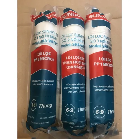 Bộ 3 Lõi Lọc Nước Sunhouse 123 Đúc Liền - Thay Thế SHA76214CK-S, SHA76215CK, Lõi PP 5 Micron, Than Hoạt Tính, Hiệu Quả Cao