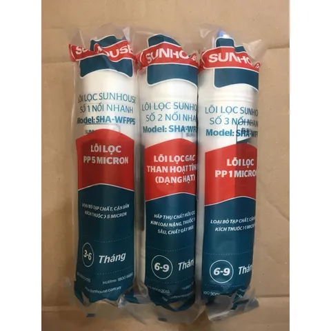 Bộ 3 Lõi Lọc Nước Sunhouse 123 Đúc Liền - Thay Thế SHA76214CK-S, SHA76215CK, Lõi PP 5 Micron, Than Hoạt Tính, Hiệu Quả Cao