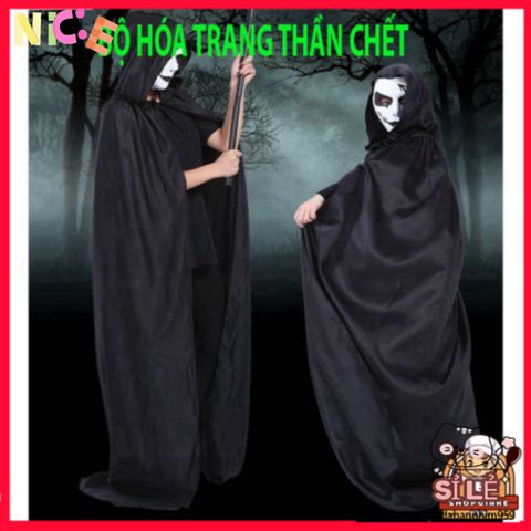 Bộ Trang Phục Halloween Thần Chết Đẳng Cấp - Y Phục Halloween Phong Cách Ma Cho Nam Nữ Với Họa Tiết Xương Đầu Lâu, Bộ Đồ Hóa Trang ấn Tượng