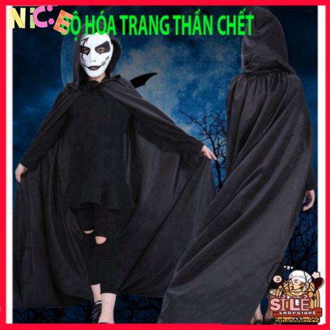 Bộ Trang Phục Halloween Thần Chết Đẳng Cấp - Y Phục Halloween Phong Cách Ma Cho Nam Nữ Với Họa Tiết Xương Đầu Lâu, Bộ Đồ Hóa Trang ấn Tượng