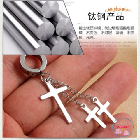 Khuyên Tai Kẹp 3 Thánh Giá Đen - Phụ Kiện Thời Trang Ú Unique Dành Cho Nam Nữ, Không Cần Bấm Lỗ