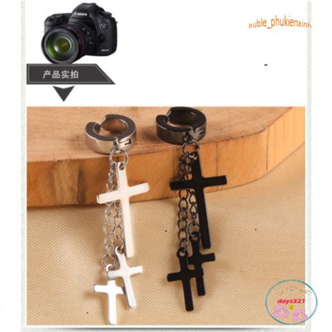 Khuyên Tai Kẹp 3 Thánh Giá Đen - Phụ Kiện Thời Trang Ú Unique Dành Cho Nam Nữ, Không Cần Bấm Lỗ