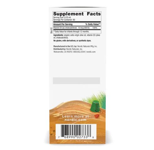 Nordic Naturals Vitamin D3 cho Trẻ Sơ Sinh - Hỗ Trợ Phát Triển Xương Khỏe Mạnh và Giấc Ngủ Tốt - Hộp 22,5ml