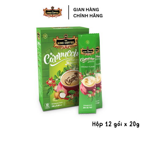 Cà Phê Hòa Tan Cappuccino KING COFFEE - Hương Vị Dừa, Hộp 12 Gói x 20gr, Cà Phê Arabica Thơm Ngon, Thưởng Thức Mỗi Ngày