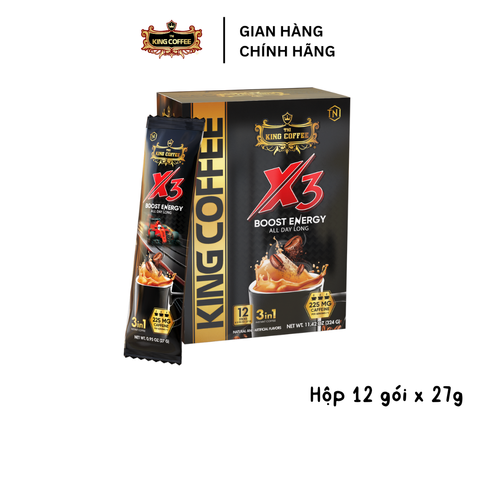 King Coffee Cà Phê Hòa Tan 3 in 1 X3 - Hộp 324g (12 gói x 27g) - Cà Phê Tăng Cường Caffeine, Hương Vị Ngọt Béo Tuyệt Hảo