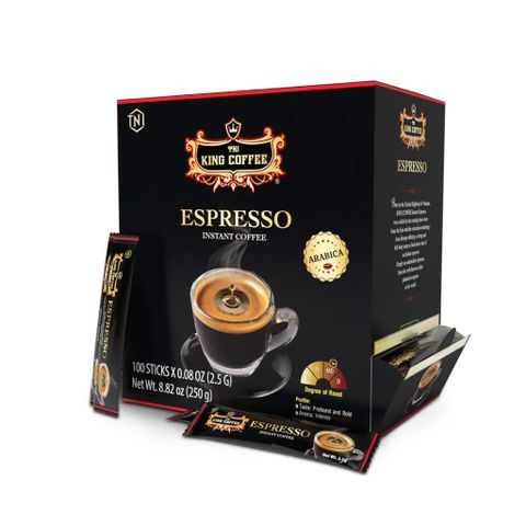 Cà Phê KING COFFEE Đen Hòa Tan Espresso - Hộp 100 Gói 100% Arabica Việt Nam - Hương Vị Đậm Đà Như Espresso Ý