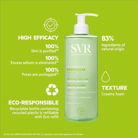 Sữa Rửa Mặt SVR Sebiaclear Gel Moussant 400ml - Dành Cho Da Nhạy Cảm, Dầu Mụn, Làm Sạch Dịu Nhẹ, Không Xà Phòng, Chính Hãng Pháp
