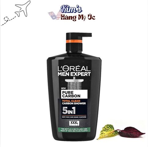 Sữa Tắm L'Oréal Men Expert Pure Carbon 5 trong 1 - Làm Sạch Da, Tóc, Mặt, Hỗ Trợ Cạo Râu, Giữ Ẩm, 1 Lít