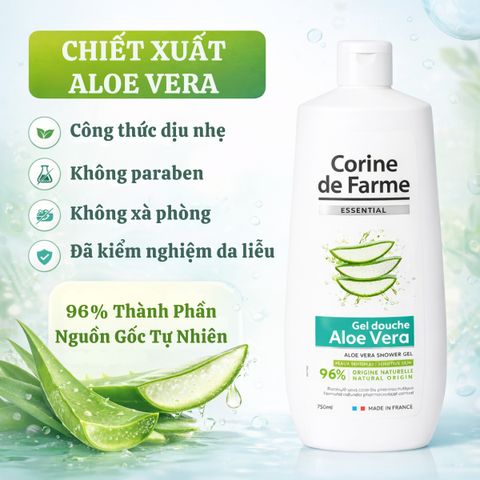 Gel Tắm Corine De Farme Lô Hội 750ml - Dưỡng Ẩm Dịu Nhẹ, Chiết Xuất Tự Nhiên, Phù Hợp Mọi Loại Da, Hương Tươi Mát