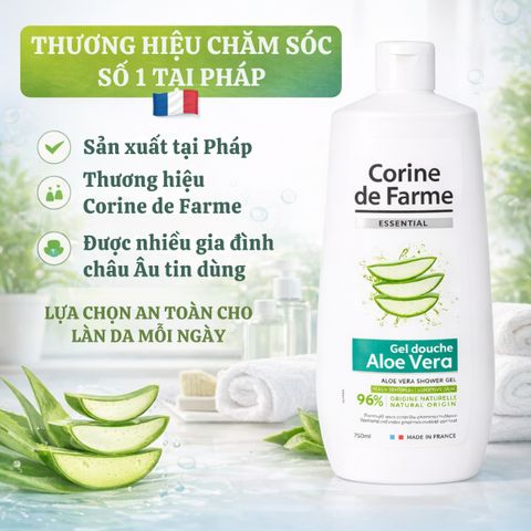 Gel Tắm Corine De Farme Lô Hội 750ml - Dưỡng Ẩm Dịu Nhẹ, Chiết Xuất Tự Nhiên, Phù Hợp Mọi Loại Da, Hương Tươi Mát