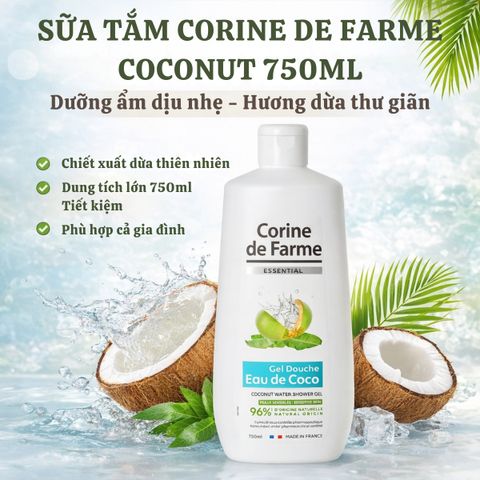 Gel Tắm Corine De Farme Coconut 750ml - Sữa Tắm Chiết Xuất Nước Dừa Dịu Nhẹ, Dưỡng Ẩm, Thích Hợp Với Da Nhạy Cảm