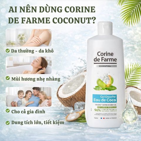 Gel Tắm Corine De Farme Coconut 750ml - Sữa Tắm Chiết Xuất Nước Dừa Dịu Nhẹ, Dưỡng Ẩm, Thích Hợp Với Da Nhạy Cảm