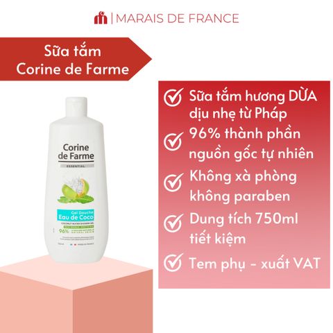 Gel Tắm Corine De Farme Coconut 750ml - Sữa Tắm Chiết Xuất Nước Dừa Dịu Nhẹ, Dưỡng Ẩm, Thích Hợp Với Da Nhạy Cảm