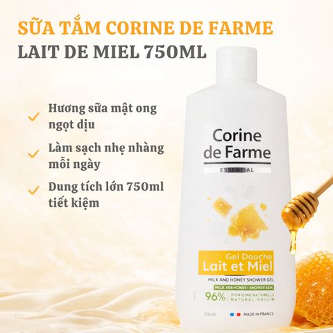 Sữa Tắm Corine De Farme Lait De Miel 750ml - Gel Tắm Hương Sữa Mật Ong Dưỡng Ẩm Dịu Nhẹ Cho Da Khô Nhạy Cảm