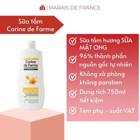 Sữa Tắm Corine De Farme Lait De Miel 750ml - Gel Tắm Hương Sữa Mật Ong Dưỡng Ẩm Dịu Nhẹ Cho Da Khô Nhạy Cảm