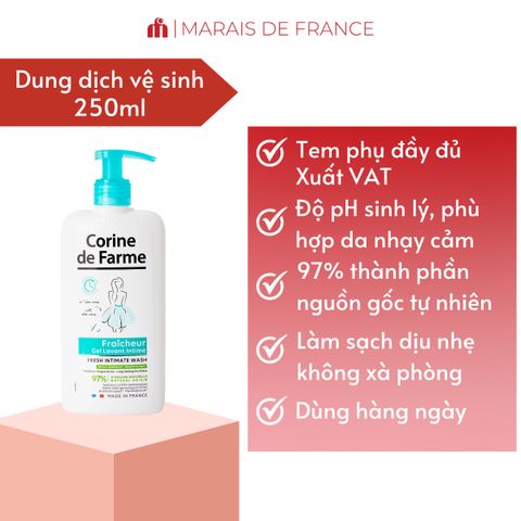 Dung Dịch Vệ Sinh Phụ Nữ Corine De Farme Fresh 250ml - Làm Sạch Nhẹ Nhàng, Cân Bằng pH, Tạo Cảm Giác Tươi Mát, An Toàn Cho Da Nhạy Cảm