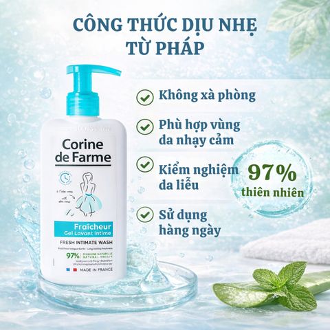 Dung Dịch Vệ Sinh Phụ Nữ Corine De Farme Fresh 250ml - Làm Sạch Nhẹ Nhàng, Cân Bằng pH, Tạo Cảm Giác Tươi Mát, An Toàn Cho Da Nhạy Cảm
