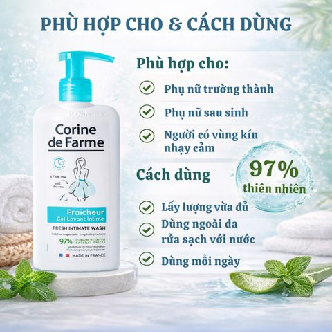 Dung Dịch Vệ Sinh Phụ Nữ Corine De Farme Fresh 250ml - Làm Sạch Nhẹ Nhàng, Cân Bằng pH, Tạo Cảm Giác Tươi Mát, An Toàn Cho Da Nhạy Cảm
