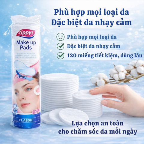 Bông Tẩy Trang Tippys Cotton Pads Chuẩn Châu Âu - Túi 120 Miếng Mềm Mịn, Thấm Hút Tốt, Phù Hợp Mọi Loại Da
