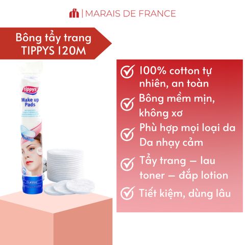 Bông Tẩy Trang Tippys Cotton Pads Chuẩn Châu Âu - Túi 120 Miếng Mềm Mịn, Thấm Hút Tốt, Phù Hợp Mọi Loại Da