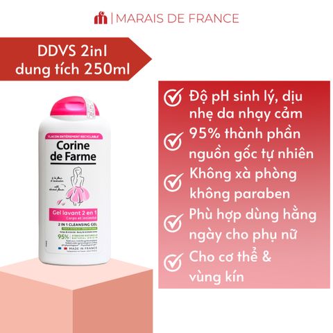 Gel Vệ Sinh & Tắm Toàn Thân Corine de Farme 2 In 1 - Chiết Xuất Hoa Hạnh Nhân 250ml, Dưỡng Ẩm, Dịu Nhẹ Cho Da Nhạy Cảm