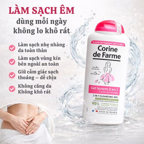 Gel Vệ Sinh & Tắm Toàn Thân Corine de Farme 2 In 1 - Chiết Xuất Hoa Hạnh Nhân 250ml, Dưỡng Ẩm, Dịu Nhẹ Cho Da Nhạy Cảm