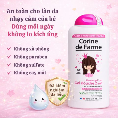 Gel Tắm Gội Dịu Nhẹ 2 In 1 Corine de Farme Kids - Disney Princess 300ml, Chăm Sóc Da và Tóc Cho Bé Gái, Không Cay Mắt