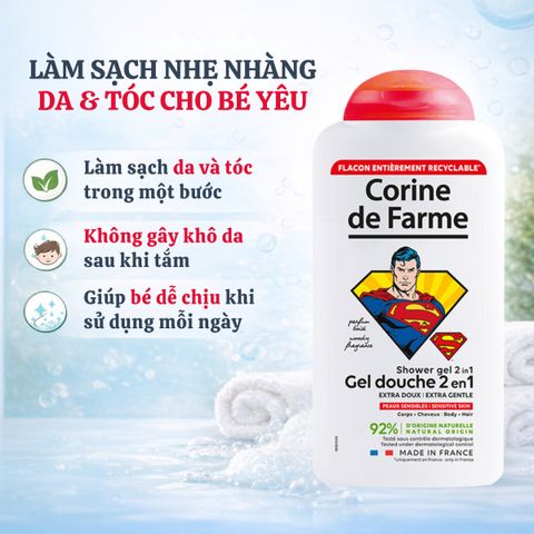 Gel Tắm Gội Corine de Farme Kids 2 in 1 Superman 300ml - Dầu Gội và Sữa Tắm Dịu Nhẹ Cho Trẻ Em Từ 3 Tuổi