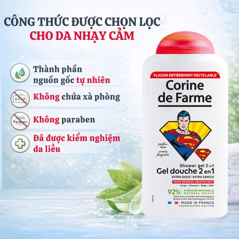 Gel Tắm Gội Corine de Farme Kids 2 in 1 Superman 300ml - Dầu Gội và Sữa Tắm Dịu Nhẹ Cho Trẻ Em Từ 3 Tuổi