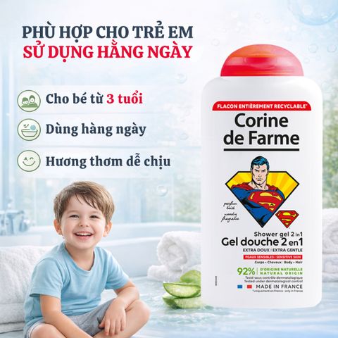 Gel Tắm Gội Corine de Farme Kids 2 in 1 Superman 300ml - Dầu Gội và Sữa Tắm Dịu Nhẹ Cho Trẻ Em Từ 3 Tuổi