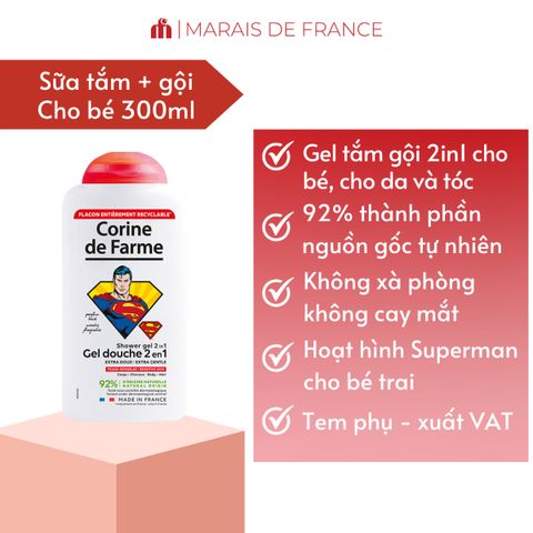 Gel Tắm Gội Corine de Farme Kids 2 in 1 Superman 300ml - Dầu Gội và Sữa Tắm Dịu Nhẹ Cho Trẻ Em Từ 3 Tuổi