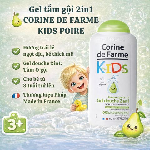 Gel Tắm Gội Cho Bé Corine de Farme Kids 2 in 1 Hương Quả Lê 300ml - Công Thức Dịu Nhẹ, Không Cay Mắt, Dưỡng Da Tóc Mềm Mượt