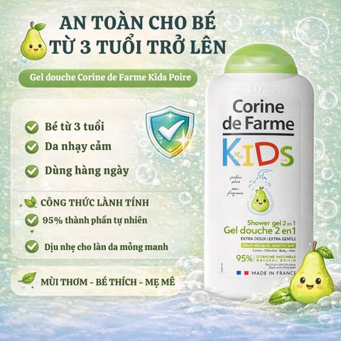 Gel Tắm Gội Cho Bé Corine de Farme Kids 2 in 1 Hương Quả Lê 300ml - Công Thức Dịu Nhẹ, Không Cay Mắt, Dưỡng Da Tóc Mềm Mượt