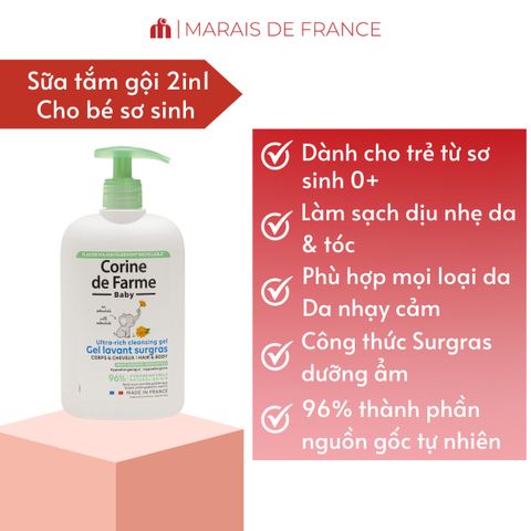 Gel Tắm Gội Cho Bé Corine de Farme Ultra-Rich - Sạch Dịu Nhẹ, Dưỡng Ẩm Da Nhạy Cảm, Thích Hợp Cho Trẻ Sơ Sinh (250ml/500ml)